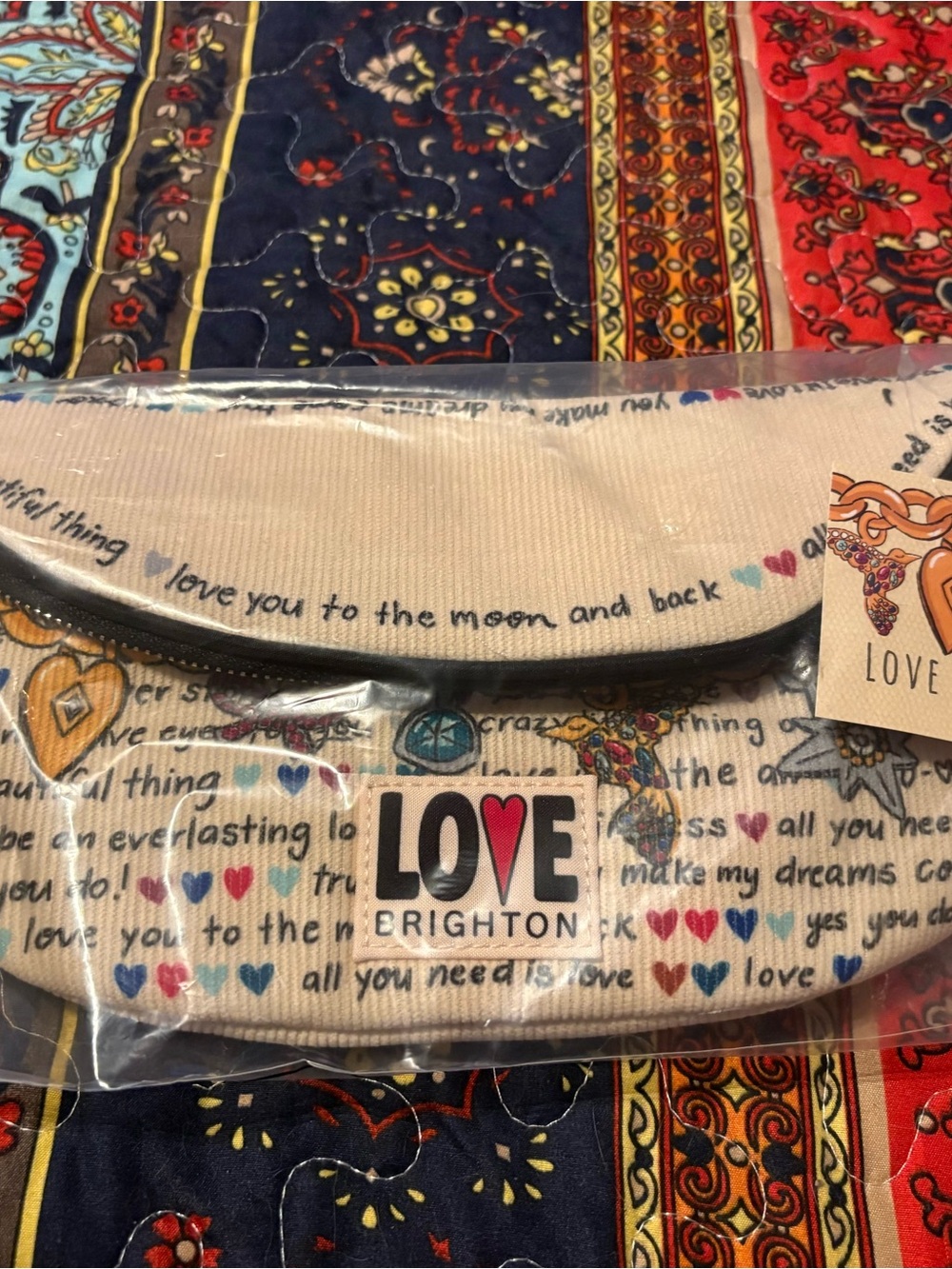 Brighton Cream Canvas Cosmetic Pouch with Multicolor Heart Accents